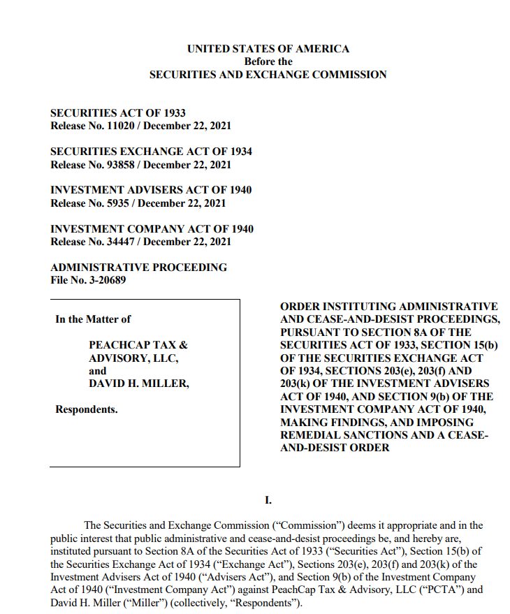 SEC's lawsuit against David Miller of PeachCap, current Alchemy of Scale CEO